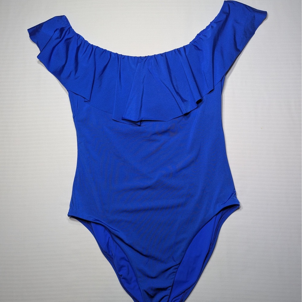 Trina Turk Women Off The Shoulder Ruffle One Piece Swimsuit 12 Cobalt Blue Lined